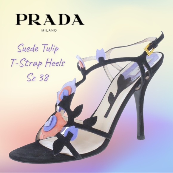 Rare PRADA Suede Black Purple & Pink Tulip T Strap Heels/Pumps Sz 38 - Picture 1 of 12